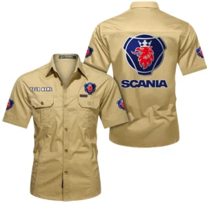 Tractor-Trailer Exclusive Logo Short Sleeved Shirt, Gift For Tractor-Trailer Enthusiasts CAR444 - Khaki