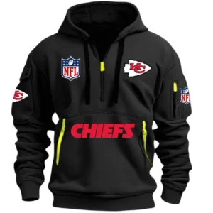 Street-Style Hoodie Half Zipper, Modern Sports Logo DNFL13 - Black