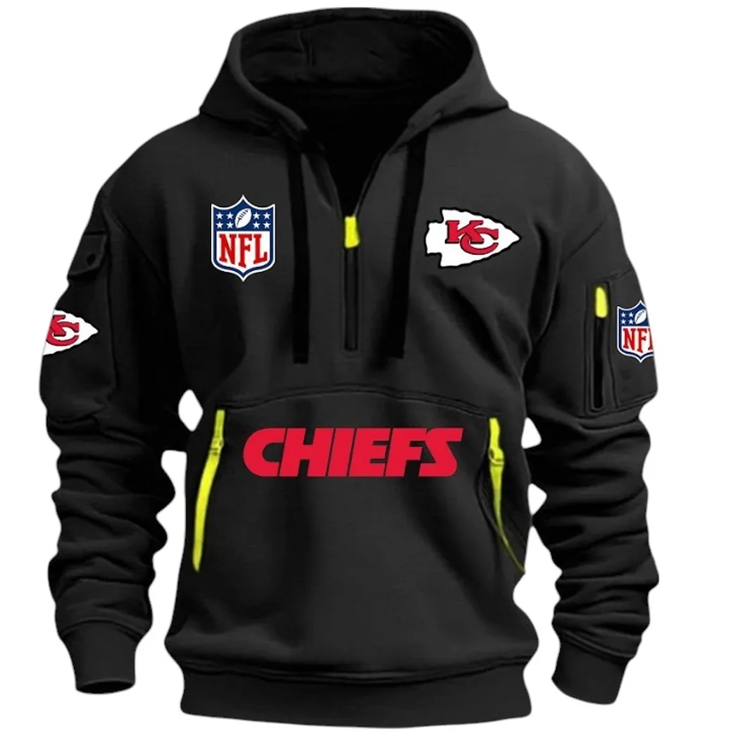 Street-Style Hoodie Half Zipper, Modern Sports Logo DNFL13 - Black