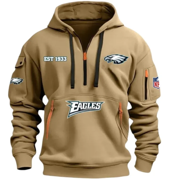 Street-Style Hoodie Half Zipper, Modern Sports Logo DNFL13 - Khaki