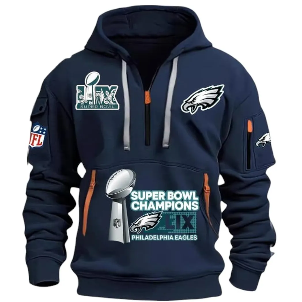 Athletic Half-Zip Hoodie, Team-Style Logo Print Hoodie Gift For Football Fans DNFL13 - Navy