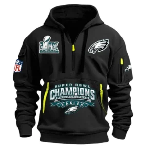 Street-Style Hoodie Half Zipper, Modern Sports Logo DNFL13 - Black