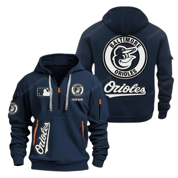 Street-Style Hoodie Half Zipper, Modern Sports Logo MLB210 - Navy