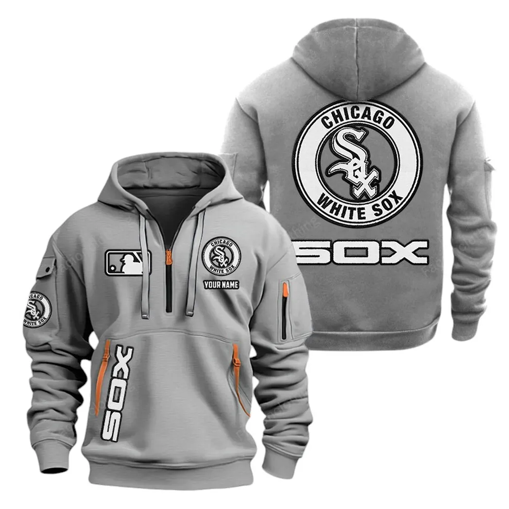 Athletic Half-Zip Hoodie, Team-Style Logo Print Hoodie Gift For Football Fans MLB210 - Grey
