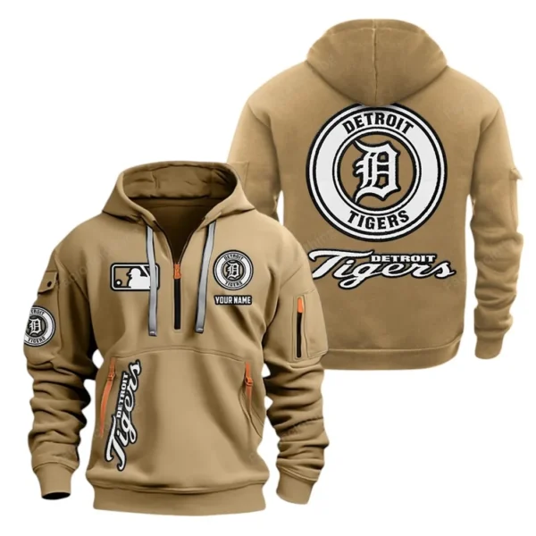 Street-Style Hoodie Half Zipper, Modern Sports Logo MLB210 - Khaki