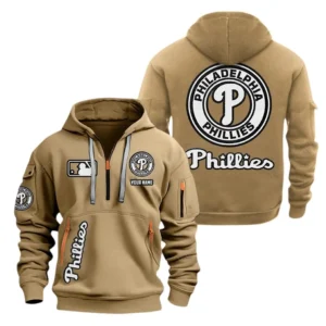 Street-Style Hoodie Half Zipper, Modern Sports Logo MLB210 - Khaki