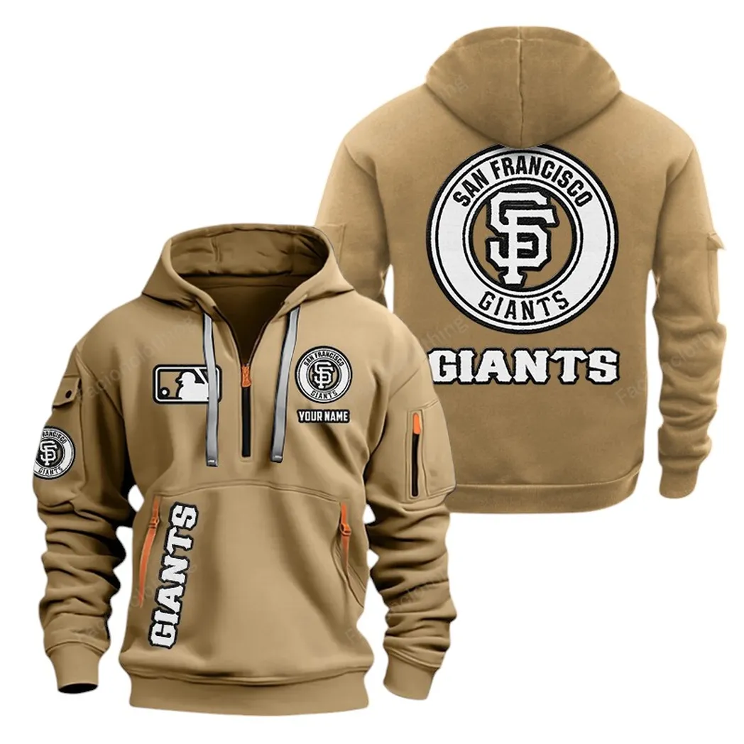 Fan Gift Hoodie Half Zipper, Sports-Inspired Logo Design MLB210 - Khaki