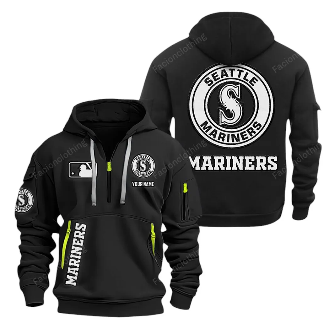 Athletic Half-Zip Hoodie, Team-Style Logo Print Hoodie Gift For Football Fans MLB210 - Black