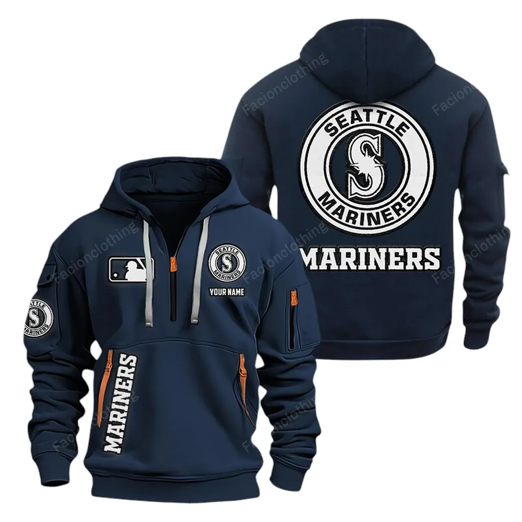 Casual Sports Hoodie Half Zipper, Modern Logo Detail Printing MLB210 - Navy