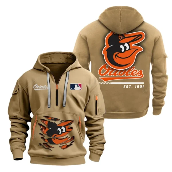 Urban Streetwear Hoodie, Half-Zip with Exclusive Logo MLB240 - Khaki