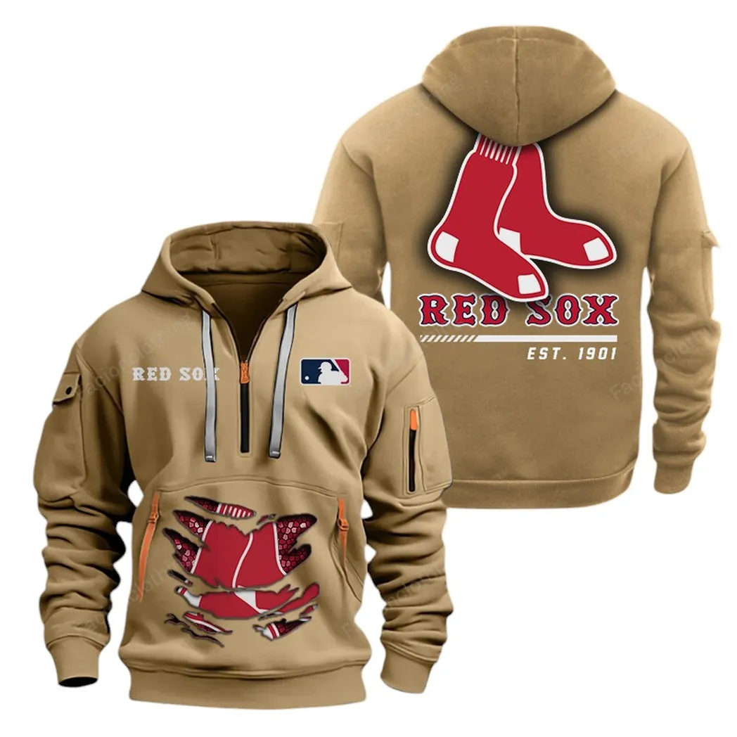 Lightweight Sports Hoodie Half Zipper, Unique Logo Print MLB240 - Khaki