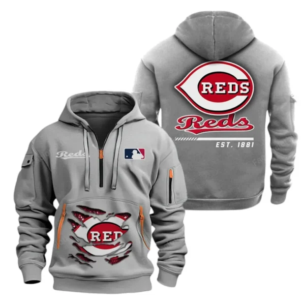 Street-Style Hoodie Half Zipper, Modern Sports Logo MLB240 - Grey