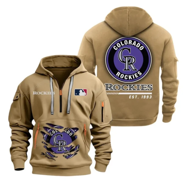 Lightweight Sports Hoodie Half Zipper, Unique Logo Print MLB240 - Khaki