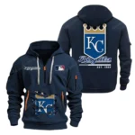 Lightweight Sports Hoodie Half Zipper, Unique Logo Print MLB240 - Navy