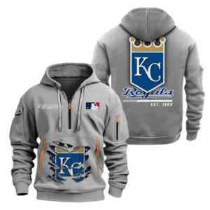 Street-Style Hoodie Half Zipper, Modern Sports Logo MLB240 - Grey