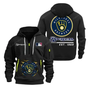 Casual Sports Hoodie Half Zipper, Modern Logo Detail Printing MLB240 - Black