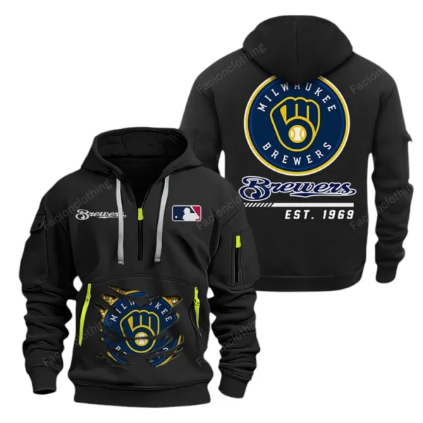 Casual Sports Hoodie Half Zipper, Modern Logo Detail Printing MLB240 - Black