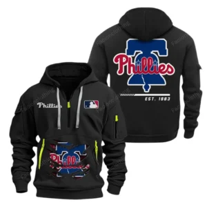 Street-Style Hoodie Half Zipper, Modern Sports Logo MLB240 - Black