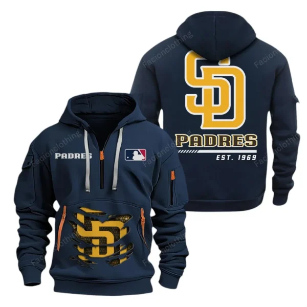 Lightweight Sports Hoodie Half Zipper, Unique Logo Print MLB240 - Navy