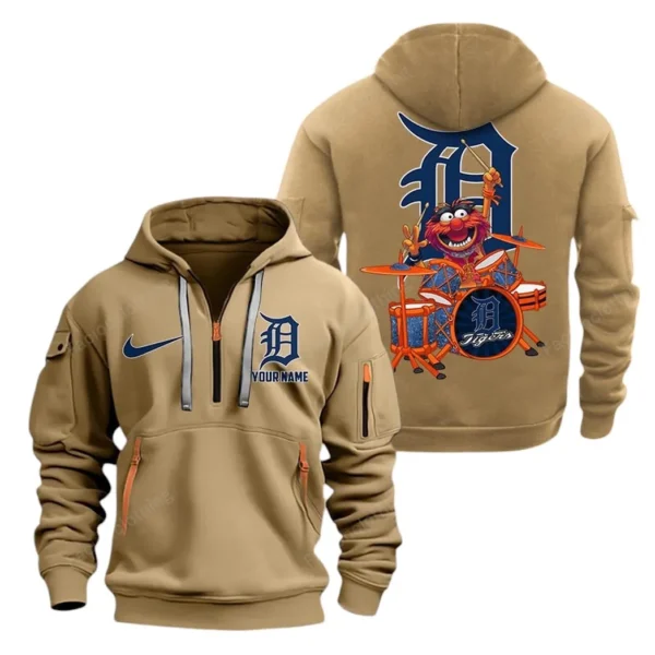 Street-Style Hoodie Half Zipper, Modern Sports Logo MLB250 - Khaki