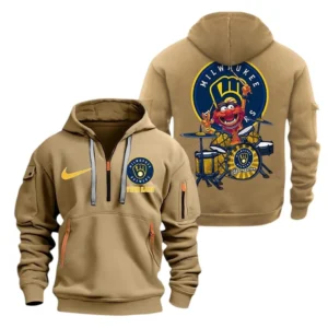 Casual Sports Hoodie Half Zipper, Modern Logo Detail Printing MLB250 - Khaki