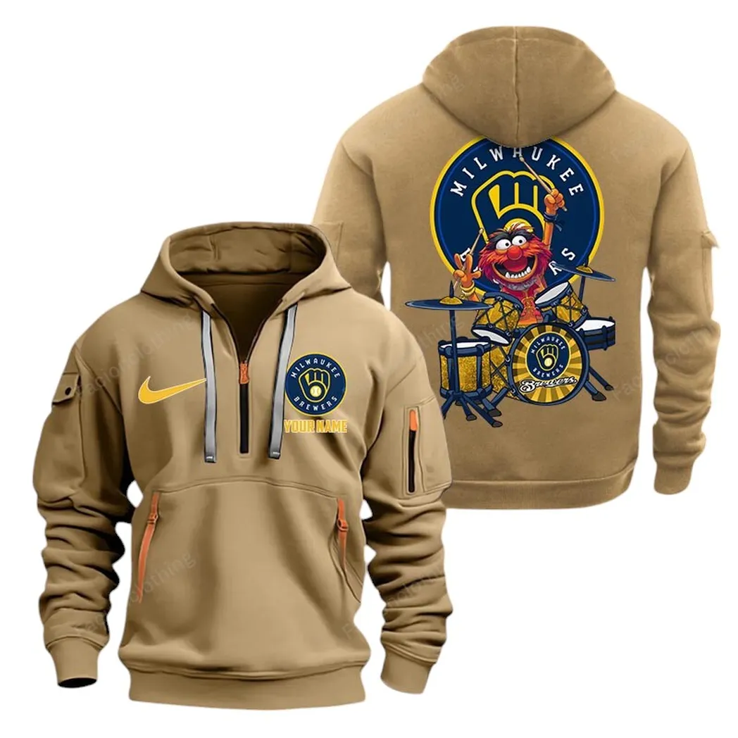 Casual Sports Hoodie Half Zipper, Modern Logo Detail Printing MLB250 - Khaki