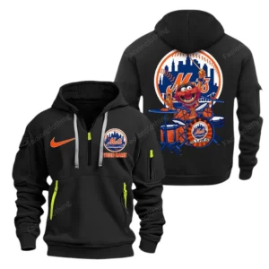 Lightweight Sports Hoodie Half Zipper, Unique Logo Print MLB250 - Black