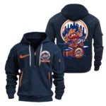 Street-Style Hoodie Half Zipper, Modern Sports Logo MLB250 - Navy