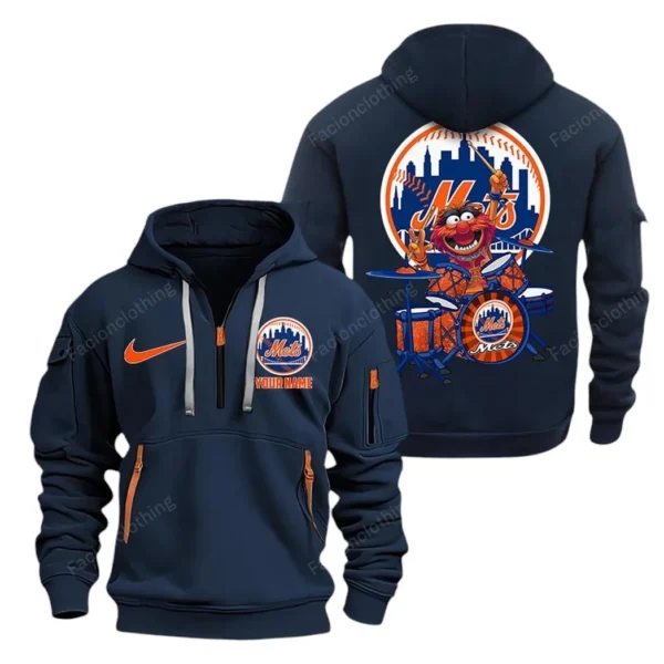 Street-Style Hoodie Half Zipper, Modern Sports Logo MLB250 - Navy