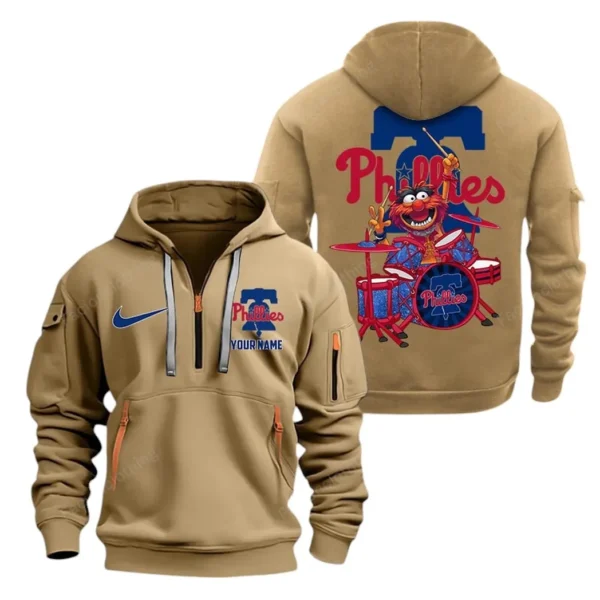 Street-Style Hoodie Half Zipper, Modern Sports Logo MLB250 - Khaki