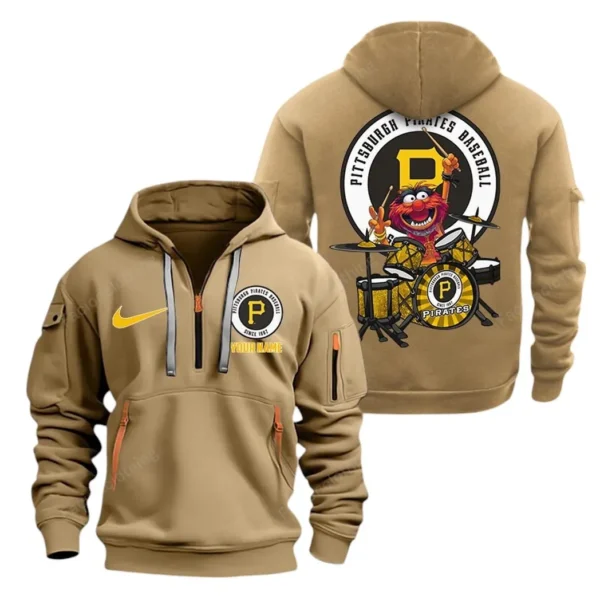 Casual Sports Hoodie Half Zipper, Modern Logo Detail Printing MLB250 - Khaki
