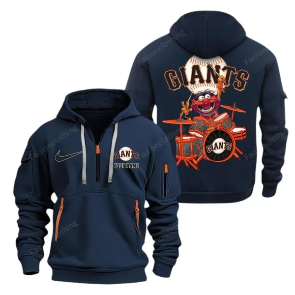 Street-Style Hoodie Half Zipper, Modern Sports Logo MLB250 - Navy