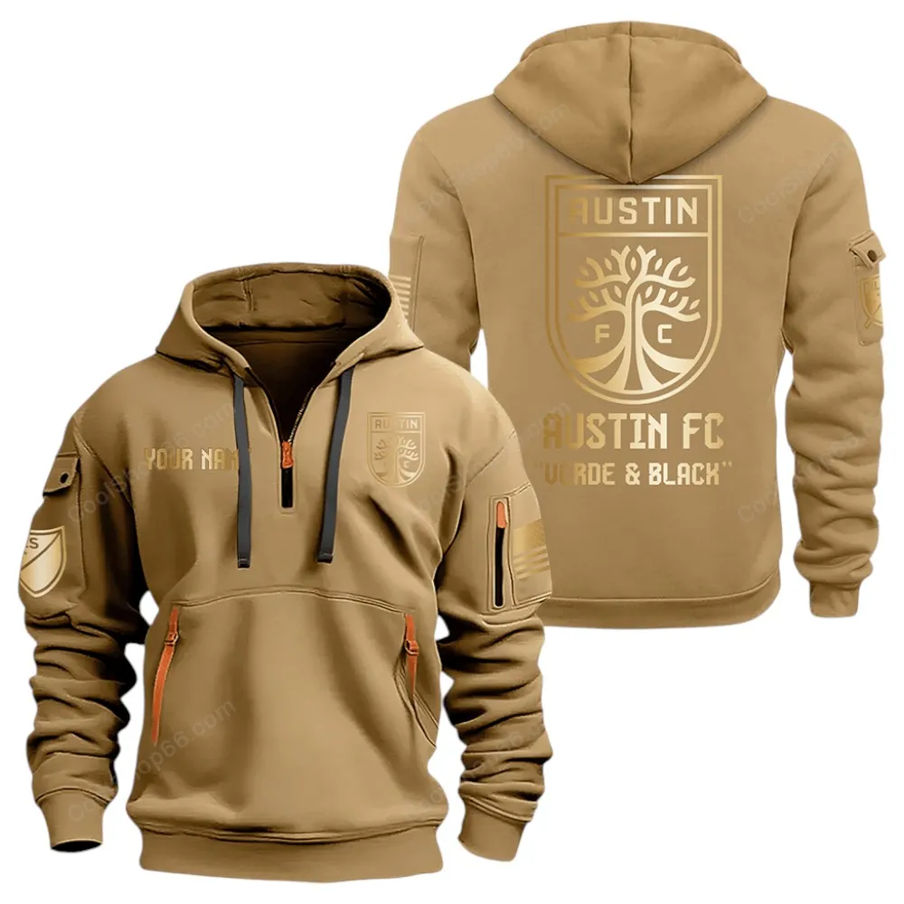 Everyday Hoodie Half Zipper, Athletic-Inspired Logo MLS030 - Khaki