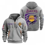Street-Style Hoodie Half Zipper, Modern Sports Logo NBA070 - Gray