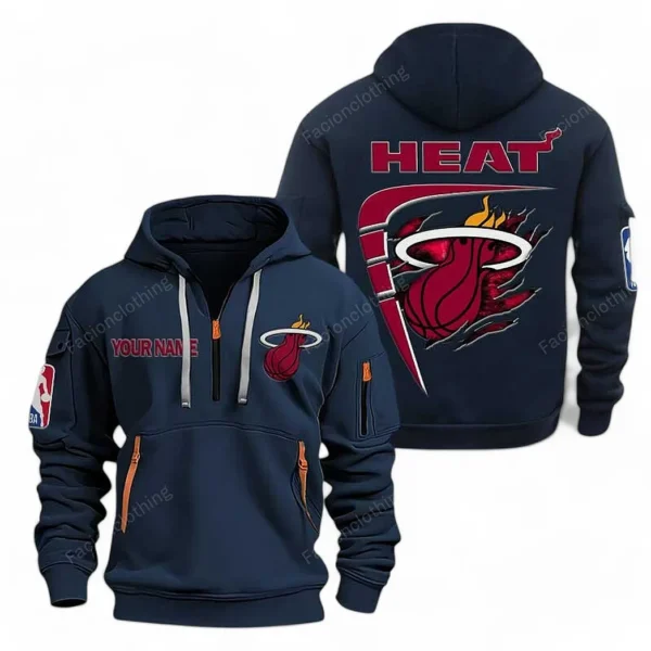 Street-Style Hoodie Half Zipper, Modern Sports Logo NBA070 - Navy