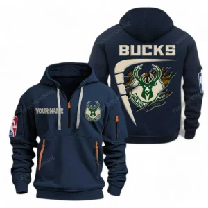 Casual Sports Hoodie Half Zipper, Modern Logo Detail Printing NBA070 - Navy