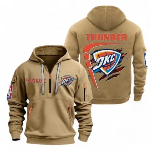 Lightweight Sports Hoodie Half Zipper, Unique Logo Print NBA070 - Khaki