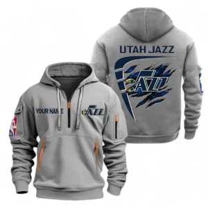 Street-Style Hoodie Half Zipper, Modern Sports Logo NBA070 - Gray