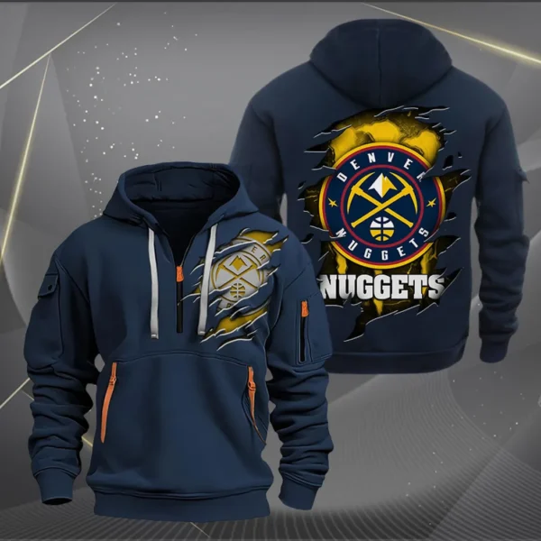 Street-Style Hoodie Half Zipper, Modern Sports Logo NBA561 - Navy - Image 2