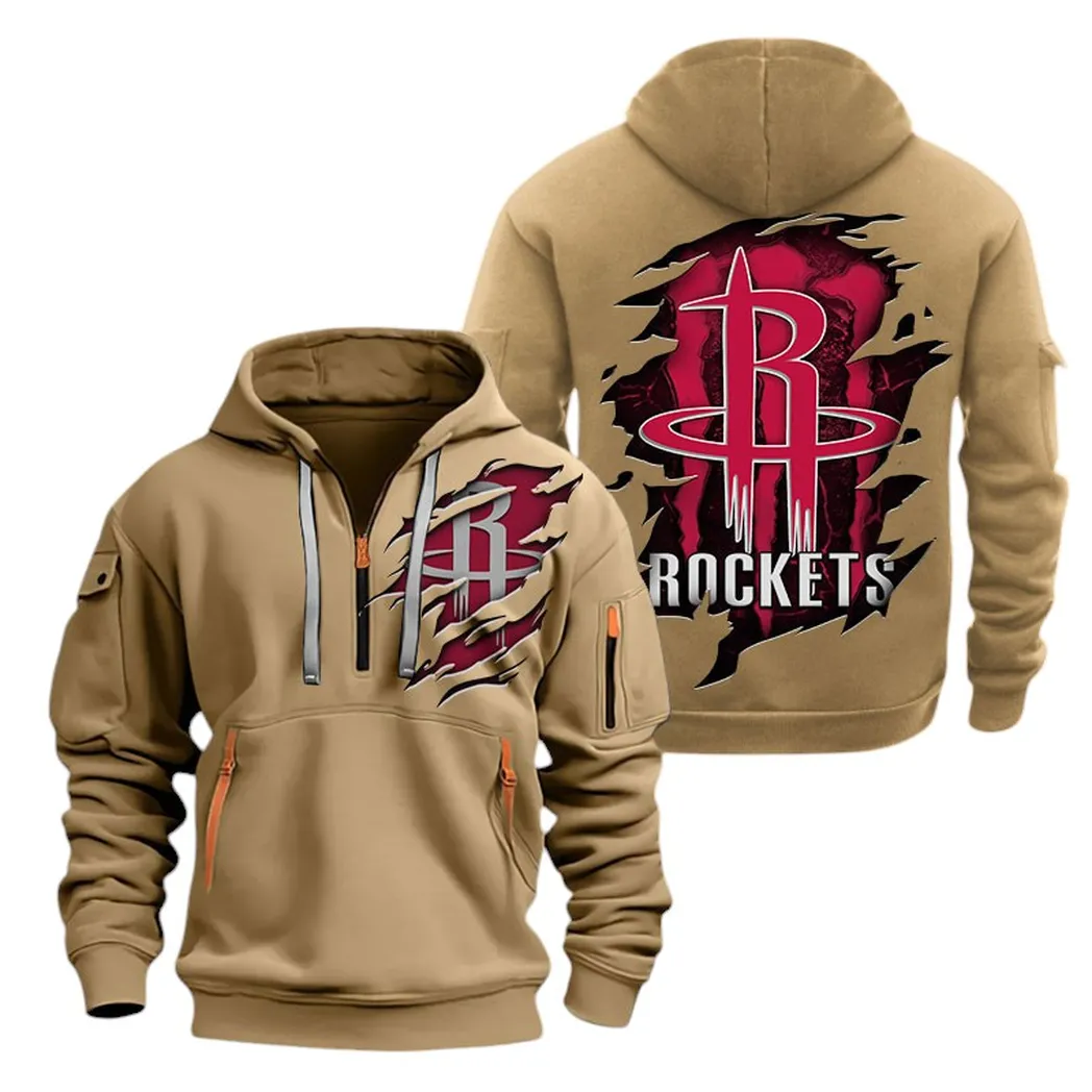 Street-Style Hoodie Half Zipper, Modern Sports Logo NBA561 - Khaki