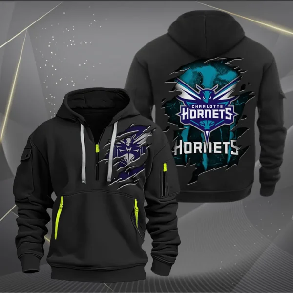 Urban Streetwear Hoodie, Half-Zip with Exclusive Logo NBA561 - Black - Image 2