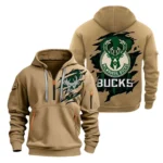 Fan Gift Hoodie Half Zipper, Sports-Inspired Logo Design NBA561 - Khaki