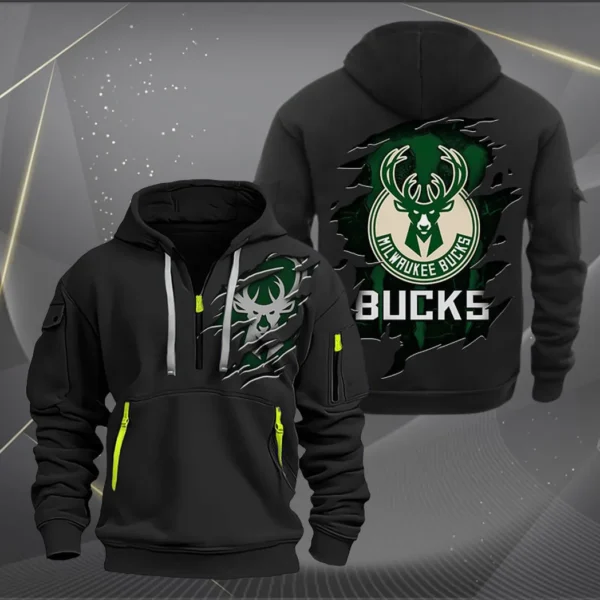 Lightweight Sports Hoodie Half Zipper, Unique Logo Print NBA561 - Black - Image 2