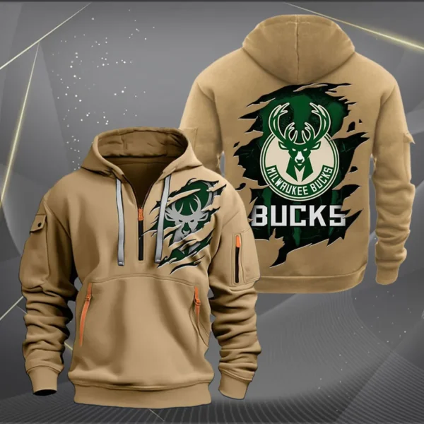 Fan Gift Hoodie Half Zipper, Sports-Inspired Logo Design NBA561 - Khaki - Image 2