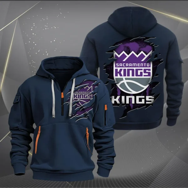 Casual Sports Hoodie Half Zipper, Modern Logo Detail Printing NBA561 - Navy - Image 2