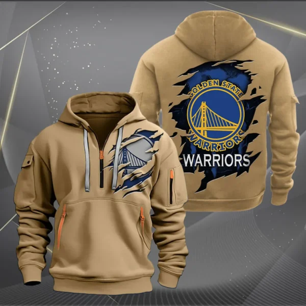 Street-Style Hoodie Half Zipper, Modern Sports Logo NBA561 - Khaki - Image 2