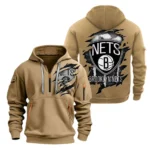 Casual Sports Hoodie Half Zipper, Modern Logo Detail Printing NBA561 - Khaki