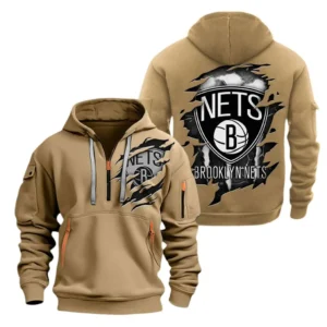 Casual Sports Hoodie Half Zipper, Modern Logo Detail Printing NBA561 - Khaki