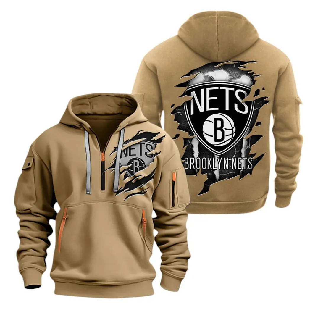 Casual Sports Hoodie Half Zipper, Modern Logo Detail Printing NBA561 - Khaki