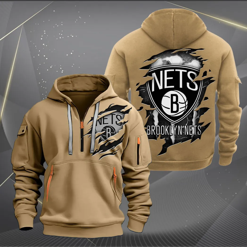 Casual Sports Hoodie Half Zipper, Modern Logo Detail Printing NBA561 - Khaki - Image 2